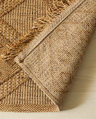 Yıkanabilir Püsküllü Jüt Görünümlü Naturel Renk Karo Desenli Halı Kilim 160 x 230 cm