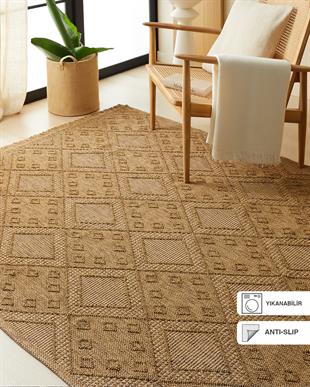 Yıkanabilir Püsküllü Jüt Görünümlü Naturel Renk Karo Desenli Halı Kilim 160 x 230 cm