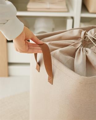 Ağzı Büzgülü Bej Renk Çamaşır Sepeti 36 x 36 x 57 cm