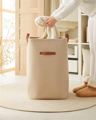 Ağzı Büzgülü Bej Renk Çamaşır Sepeti 36 x 36 x 57 cm