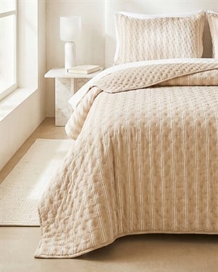 Pamuklu Kaapitoneli Bej Renk Çizgi Desen Tek Kişilik Yatak Örtüsü Seti 1 Adet 160 x 230 / 1 Adet 50 x 70 cm