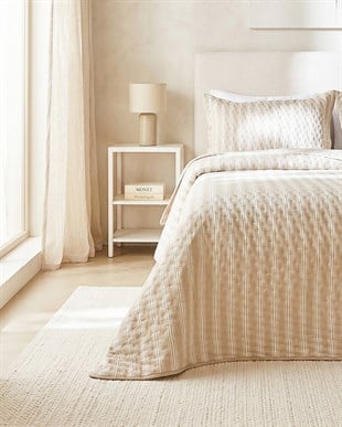 Pamuklu Kaapitoneli Bej Renk Çizgi Desen Tek Kişilik Yatak Örtüsü Seti 1 Adet 160 x 230 / 1 Adet 50 x 70 cm