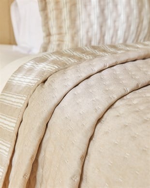 Pamuklu Kaapitoneli Bej Renk Çizgi Desen Tek Kişilik Yatak Örtüsü Seti 1 Adet 160 x 230 / 1 Adet 50 x 70 cm