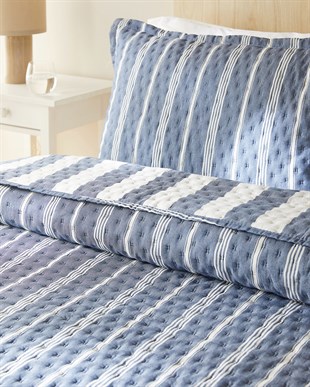 Pamuklu Kaapitoneli Lacivert Renk Çizgi Desen Tek Kişilik Yatak Örtüsü Seti 1 Adet 180 x 230 / 1 Adet 50 x 70 cm