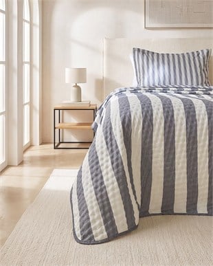Pamuklu Kapitoneli Antrasit Renk Çizgi Desen Tek Kişilik Yatak Örtüsü Seti 1 Adet 180 x 230 / 1 Adet 50 x 70 cm