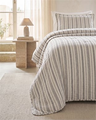 Pamuklu Kapitoneli Antrasit Renk Çizgi Desen Tek Kişilik Yatak Örtüsü Seti 1 Adet 180 x 230 / 1 Adet 50 x 70 cm