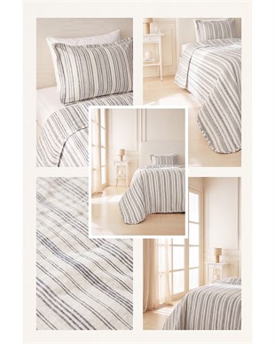 Pamuklu Kapitoneli Antrasit Renk Çizgi Desen Tek Kişilik Yatak Örtüsü Seti 1 Adet 180 x 230 / 1 Adet 50 x 70 cm