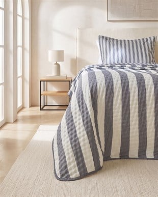 Pamuklu Kapitoneli Antrasit Renk Çizgi Desen Tek Kişilik Yatak Örtüsü Seti 1 Adet 180 x 230 / 1 Adet 50 x 70 cm