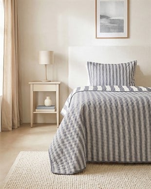 Pamuklu Kapitoneli Antrasit Renk Çizgi Desen Tek Kişilik Yatak Örtüsü Seti 1 Adet 180 x 230 / 1 Adet 50 x 70 cm