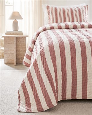 Pamuklu Kapitoneli Bordo Renk Çizgi Desen Tek Kişilik Yatak Örtüsü Seti 1 Adet 180 x 230 / 1 Adet 50 x 70 cm