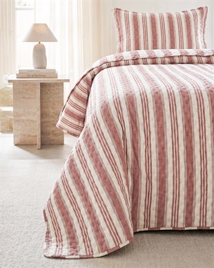 Pamuklu Kapitoneli Bordo Renk Çizgi Desen Tek Kişilik Yatak Örtüsü Seti 1 Adet 180 x 230 / 1 Adet 50 x 70 cm