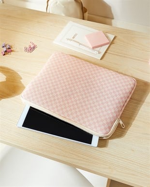 Su İtici Leke Tutmaz Pembe Dama Desen Tablet Taşıma Çantası / Kılıfı 32.5 x 24 x 2 cm