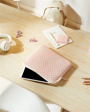 Su İtici Leke Tutmaz Pembe Dama Desen Tablet Taşıma Çantası / Kılıfı 27 x 21 x 2 cm
