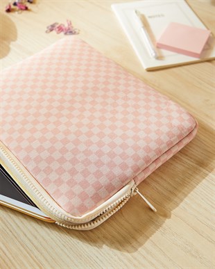 Su İtici Leke Tutmaz Pembe Dama Desen Tablet Taşıma Çantası / Kılıfı 27 x 21 x 2 cm