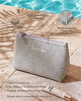 Termal Astarlı Su İtici Leke Tutmaz Gri Renk Jüt Keten Makyaj İlaç Çantası 15 x 11 x 6 cm