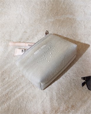Termal Astarlı Su İtici Leke Tutmaz Gri Renk Jüt Keten Makyaj İlaç Çantası 15 x 11 x 6 cm