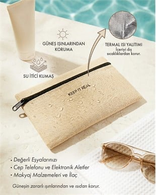 Termal Astarlı Su İtici Leke Tutmaz Jüt Keten Makyaj Çantası 22 x 14 cm