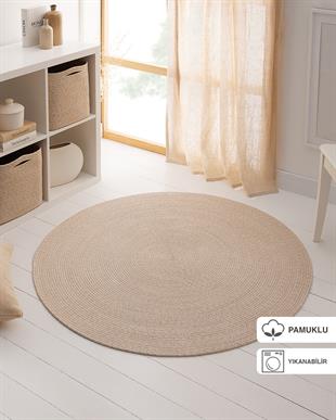 Yıkanabilir Bej Kırçıllı Pamuklu Halı Kilim Ø 120 cm