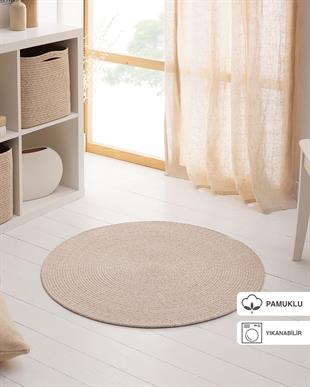 Yıkanabilir Bej Kırçıllı Pamuklu Halı Kilim Ø 80 cm