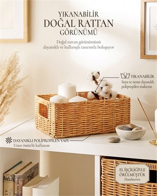 Yıkanabilir Bej PP Rattan Sepet 30 x 20 x 11 cm