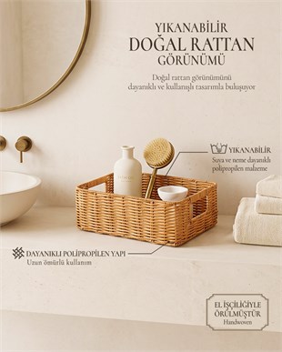 Yıkanabilir Bej PP Rattan Sepet 33 x 23 x 11 cm
