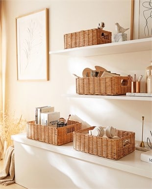 Yıkanabilir Bej PP Rattan Sepet 33 x 23 x 11 cm