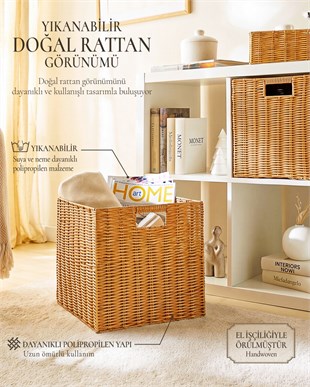 Yıkanabilir Bej PP Rattan Sepet 33 x 33 x 33 cm