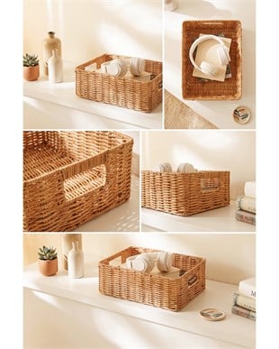 Yıkanabilir Bej PP Rattan Sepet 36 x 26 x 12 cm