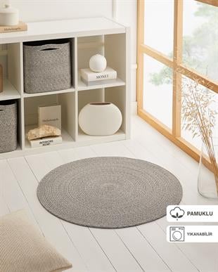 Yıkanabilir Gri Kırçıllı Pamuklu Halı Kilim Ø 80 cm
