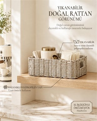 Yıkanabilir Gri PP Rattan Sepet 33 x 23 x 11 cm