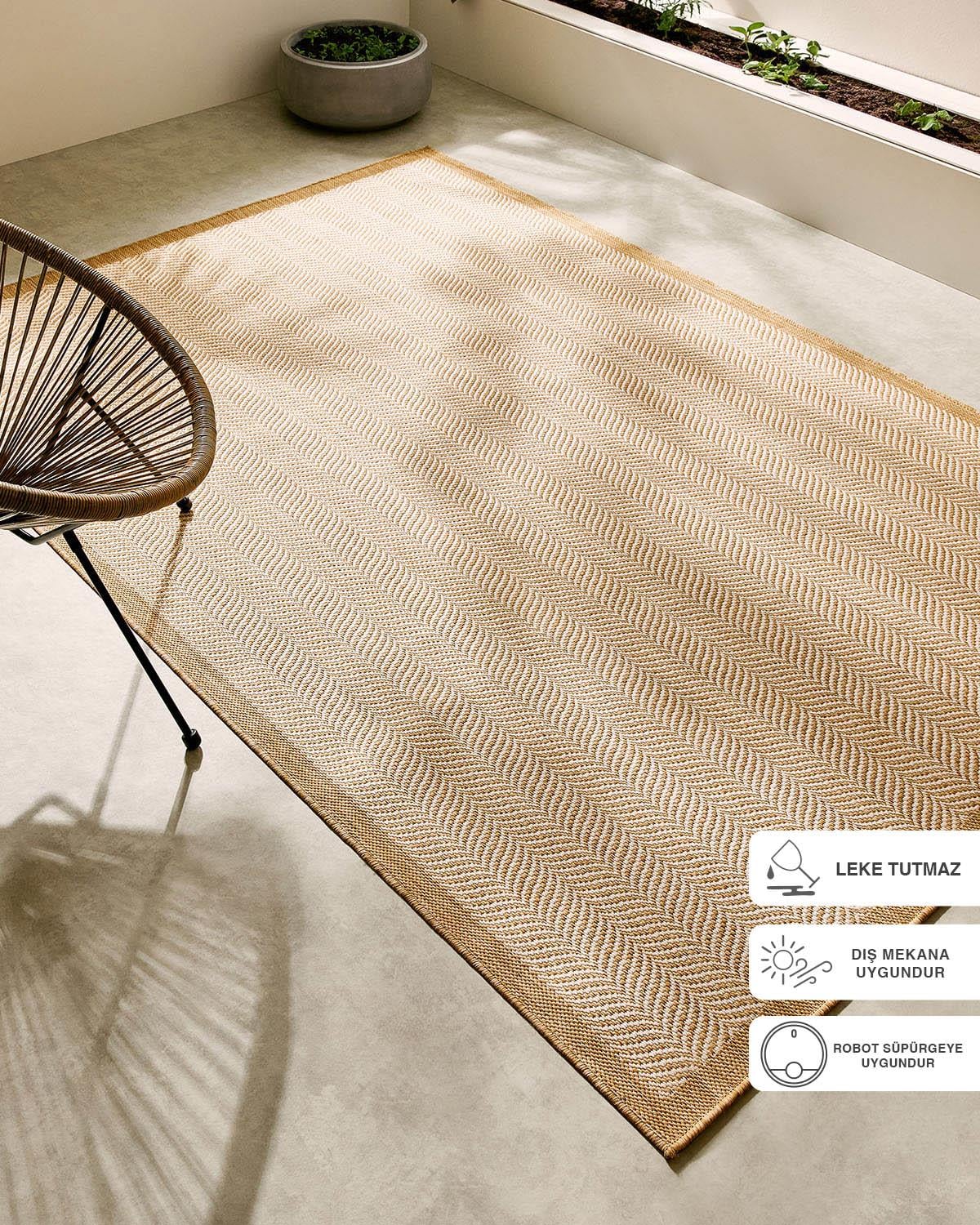  Leke Tutmaz İç Dış Mekan Bej Renk Balıksırtı Halı Kilim 160 x 230 cm