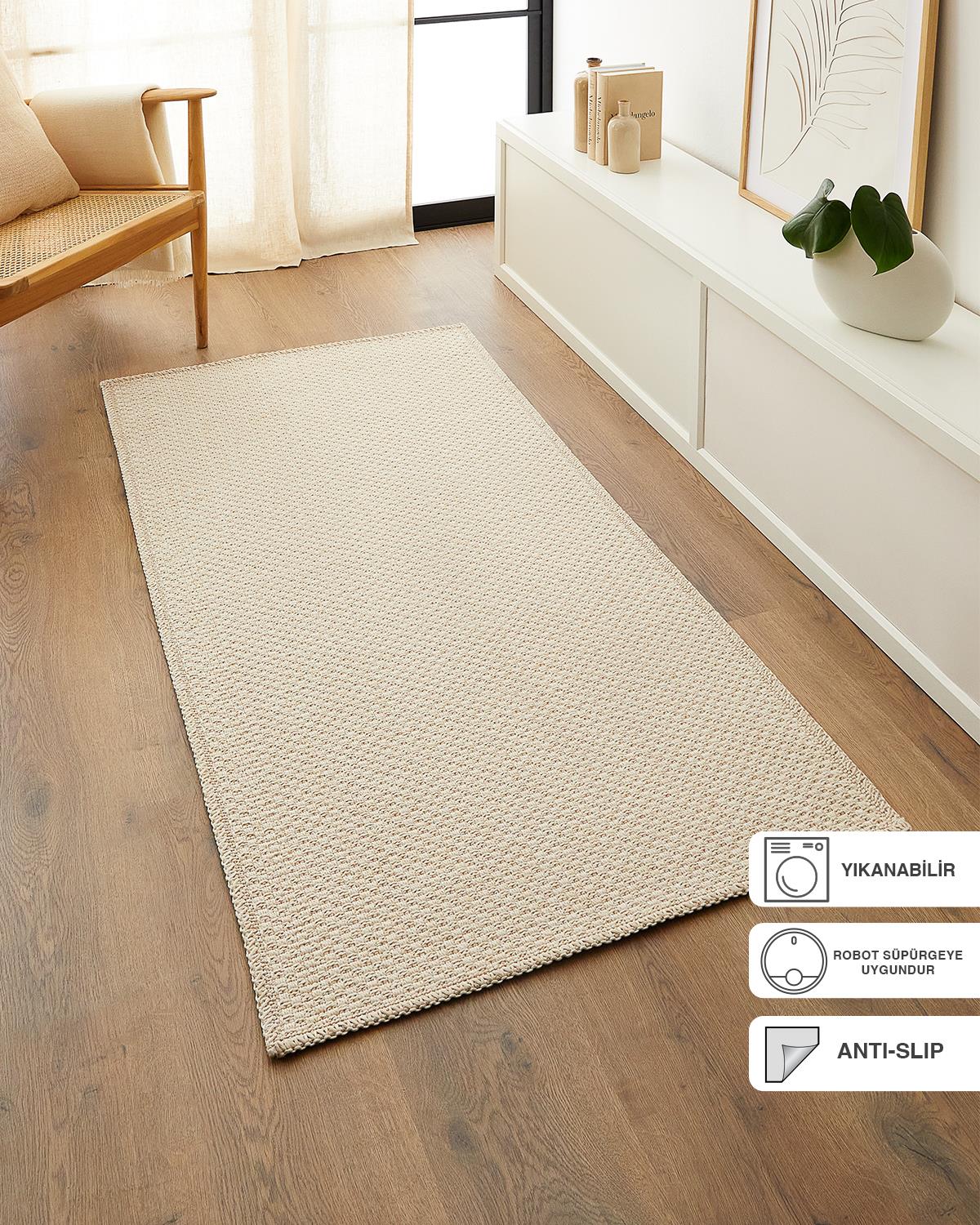  Yıkanabilir Jüt Görünümlü Krem Renk Hasır Desenli Halı Kilim 80 x 150 cm