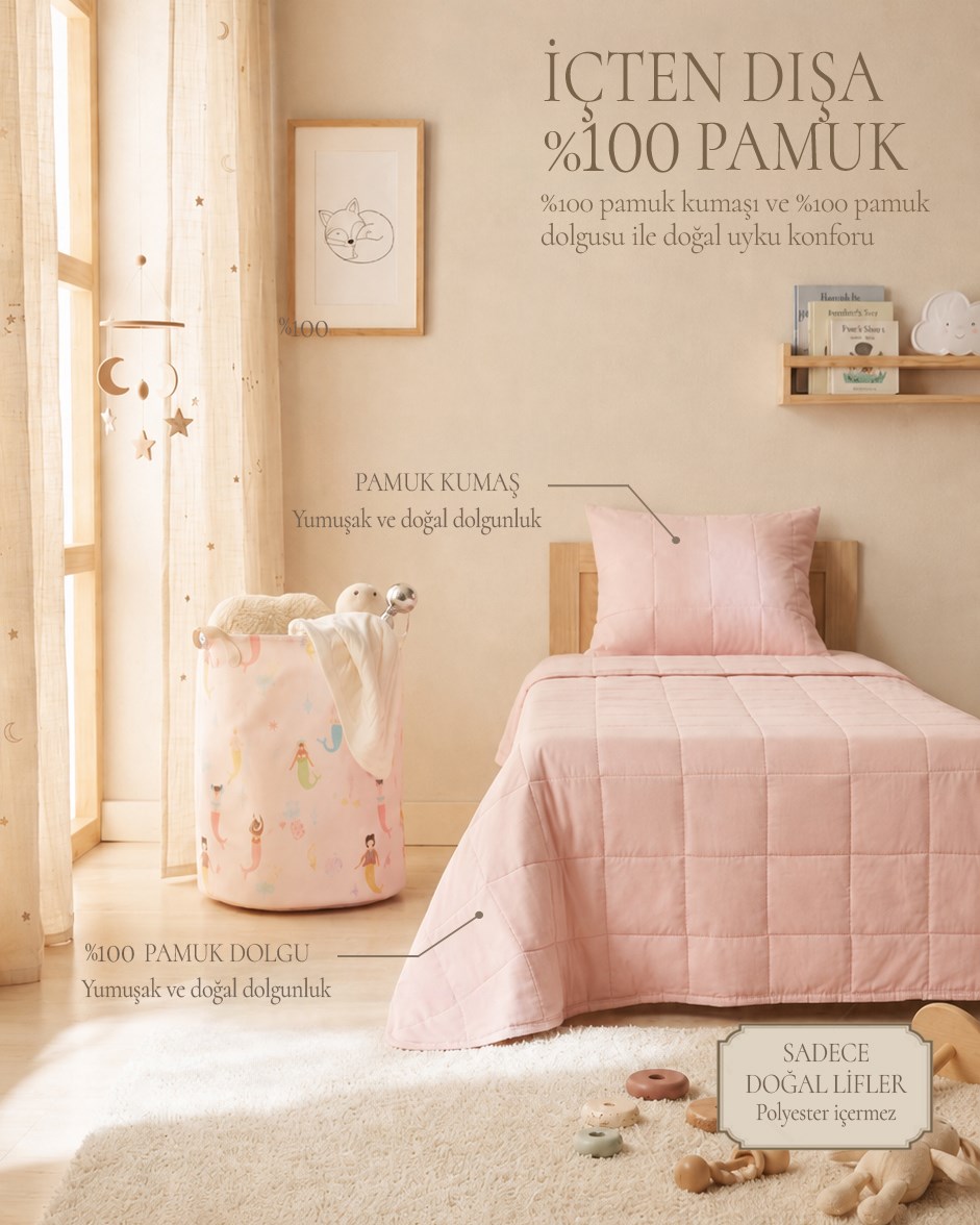 %100 Pamuk Kumaş Kapitoneli Pembe Çok Amaçlı Bebek Yatak Örtüsü Seti 1 Adet 100 x 150 / 1 Adet 37 x 47 cm