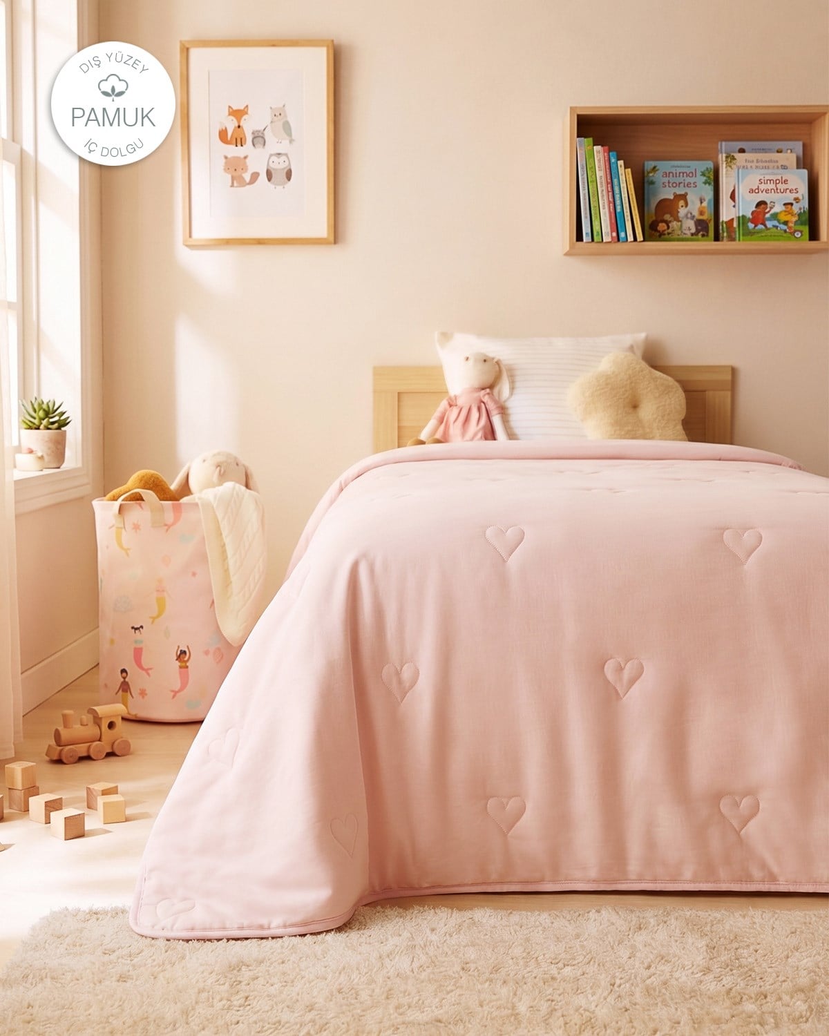 %100 Pamuk Penye Pembe Kalp Nakışlı Çocuk Tek Kişilik Çok Amaçlı Örtü 155 x 215 cm