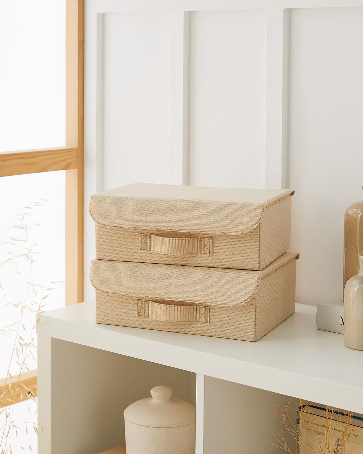 2'li Bej Balıksırtı Kapaklı Kutu Set 30 x 23 x 11 cm
