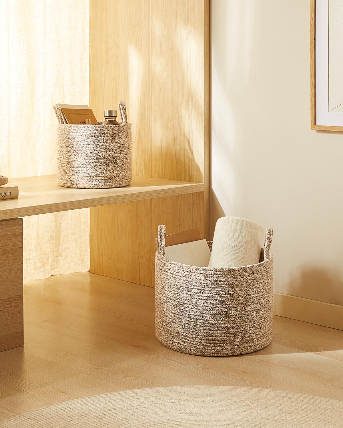 2'li Bej Kırçıllı Pamuklu Halat Sepet Set 26 x 22 / 35 x 27 cm