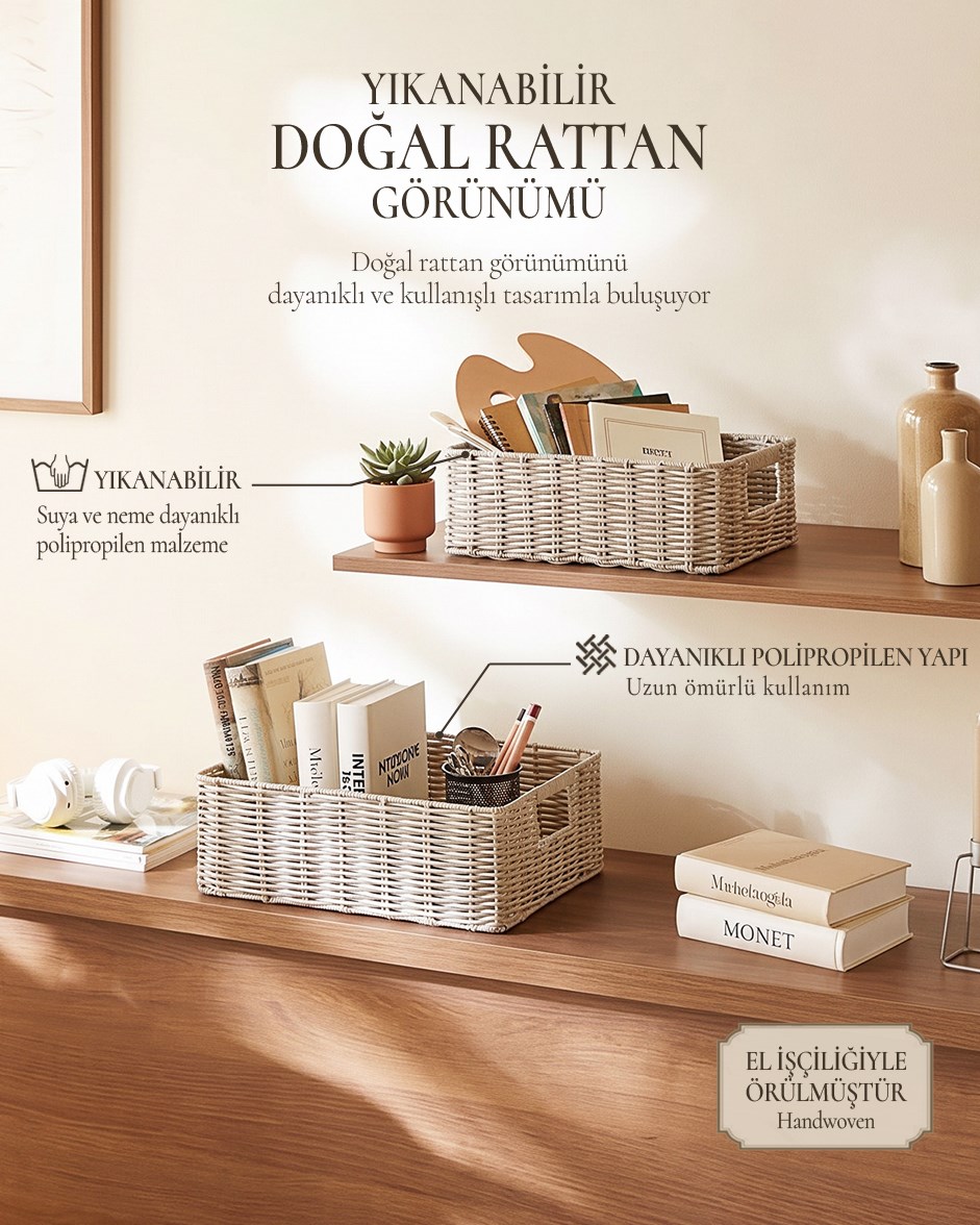 2'li Yıkanabilir Gri PP Rattan Sepet Set 33 x 23 x 11 / 39 x 29 x 13 cm