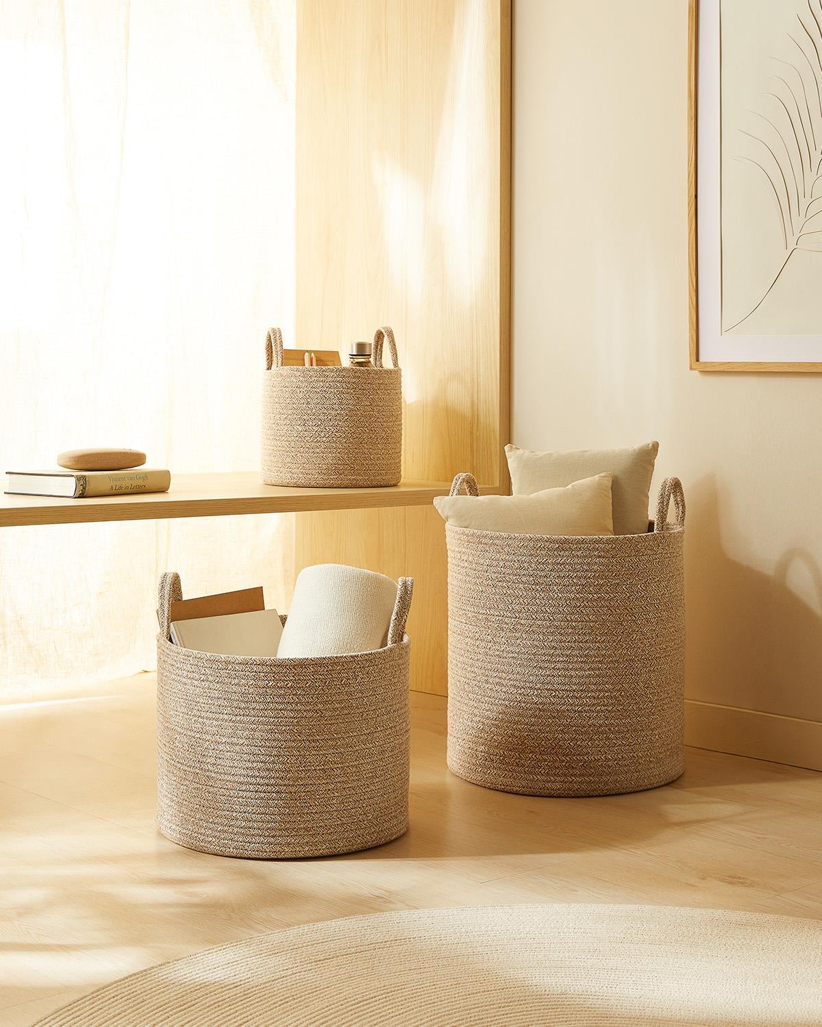 3'lü Bej Kırçıllı Pamuklu Halat Sepet Set 26 x 22 / 35 x 27 / 40 x 40 cm