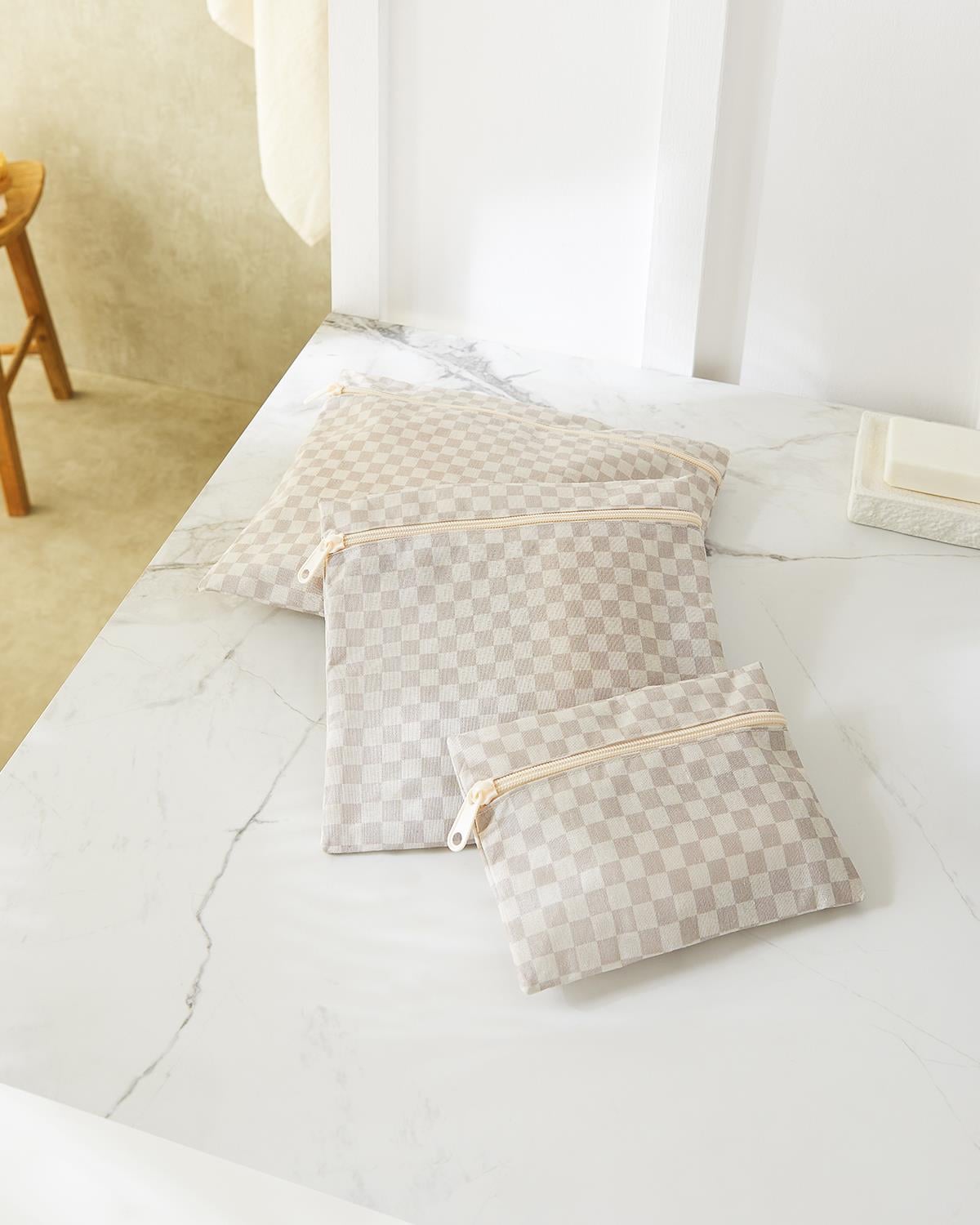 3'lü Su Geçirmez Pvc Astarlı Gri Dama Desen Islak Kuru Çantası 20 x 13 / 24 x 20 / 30 x 24 cm