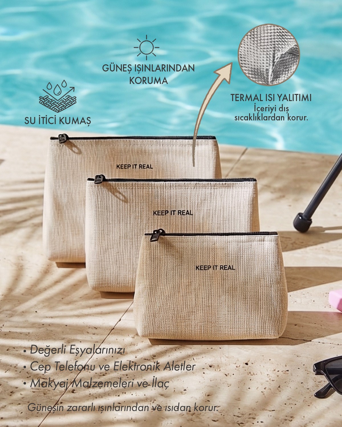 3'lü Termal Astarlı Su İtici Leke Tutmaz Jüt Keten Makyaj İlaç Çantası Seti 15 x 11 x 6 / 19 x 13 x 7 / 23 x 16 x 7 cm