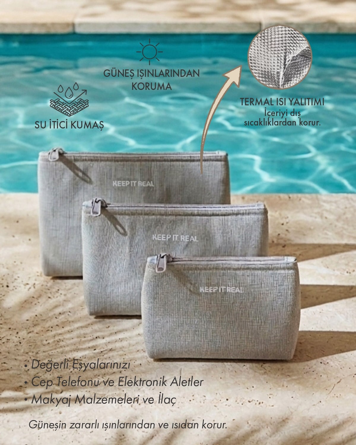 3'lü Termal Astarlı Su İtici Leke Tutmaz Gri Renk Jüt Keten Makyaj İlaç Çantası Seti 15 x 11 x 6 / 19 x 13 x 7 / 23 x 16 x 7 cm