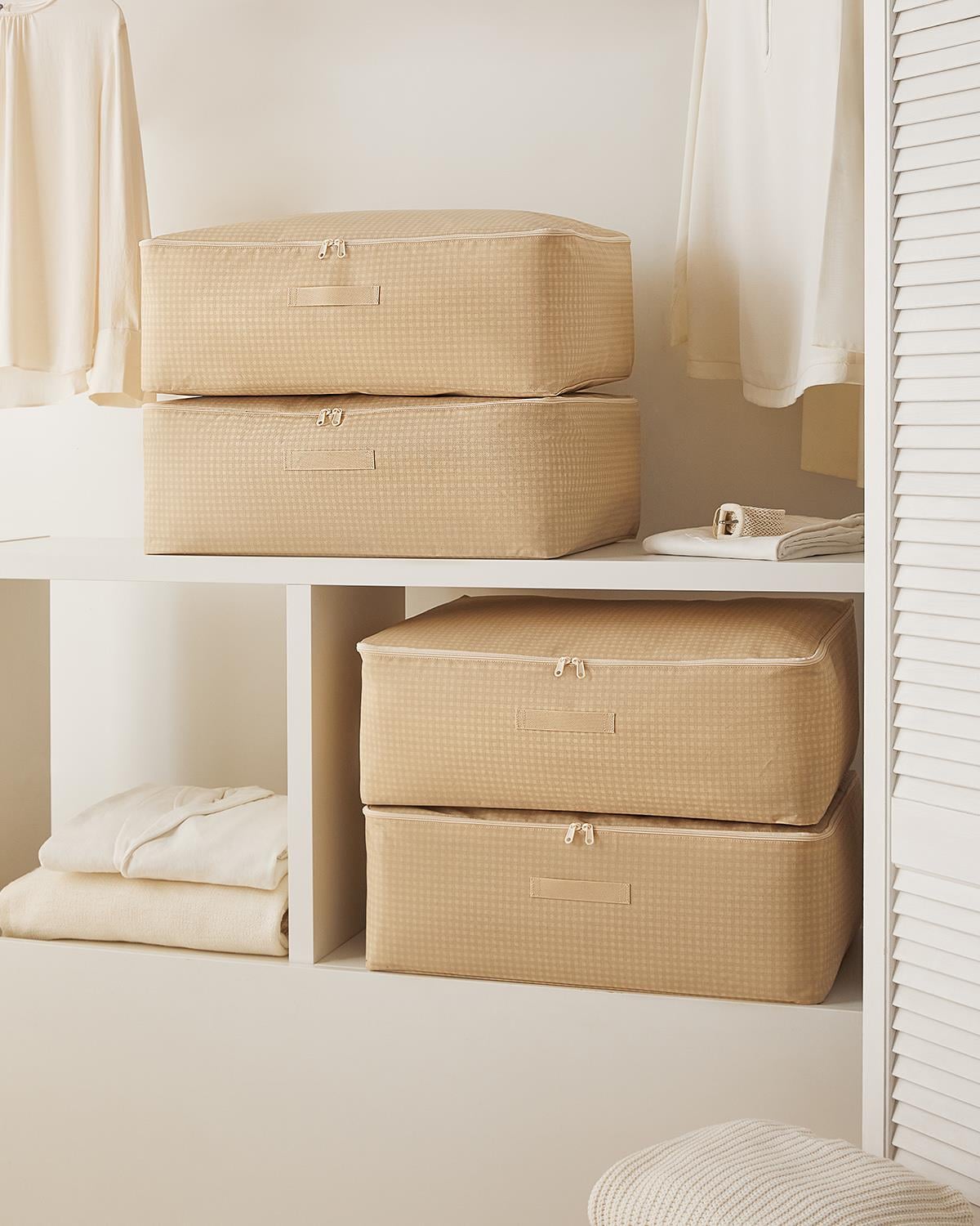 4'lü Büyük Boy Bej Pötikare Baza Altı Hurç Set 62 x 46 x 22 cm