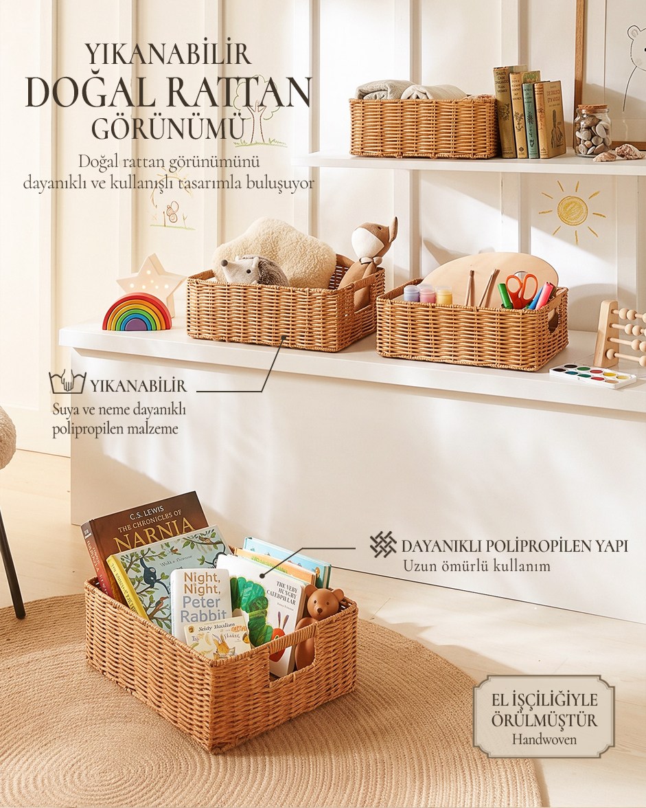 4'lü Çocuk Odası Yıkanabilir Bej PP Rattan Sepet Set 30 x 20 x 11 / 33 x 23 x 11 / 36 x 26 x 12  / 39 x 29 x 13 cm