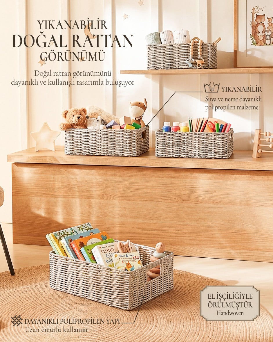 4'lü Çocuk Odası Yıkanabilir Gri PP Rattan Sepet Set 30 x 20 x 11 / 33 x 23 x 11 / 36 x 26 x 12  / 39 x 29 x 13 cm