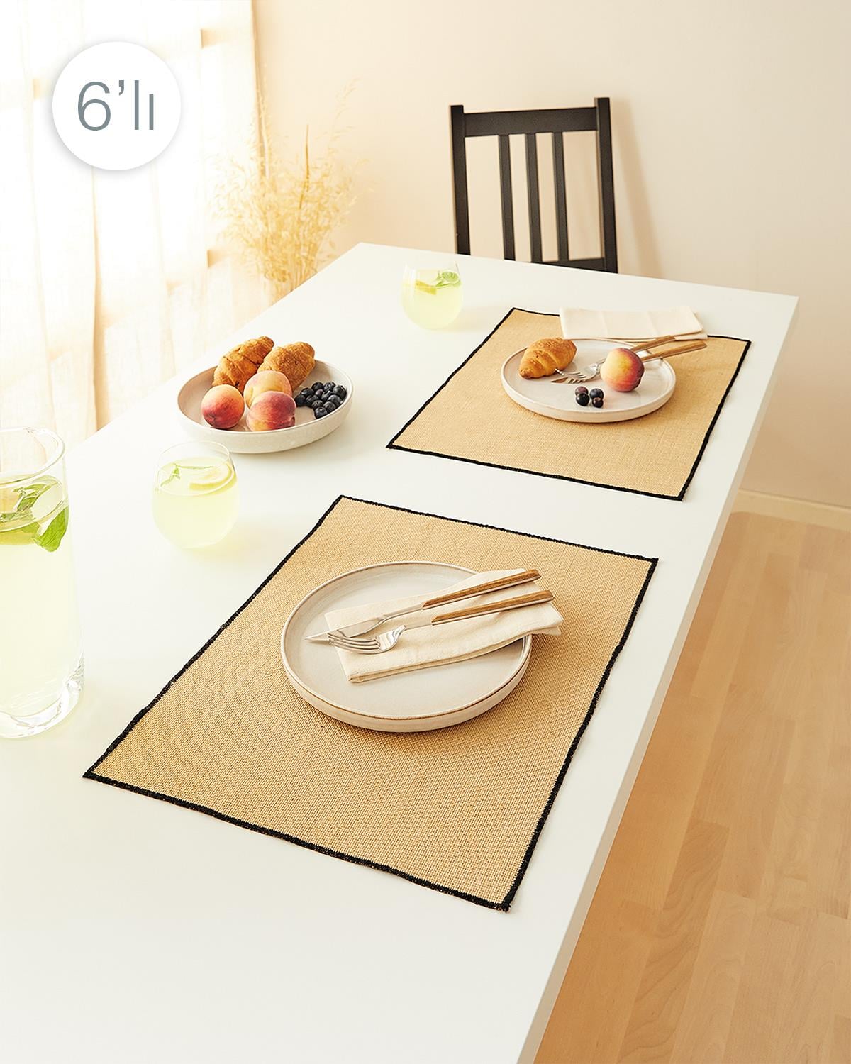 6'lı Siyah Dikiş Detaylı Jüt Amerikan Servis 45 x 35 cm