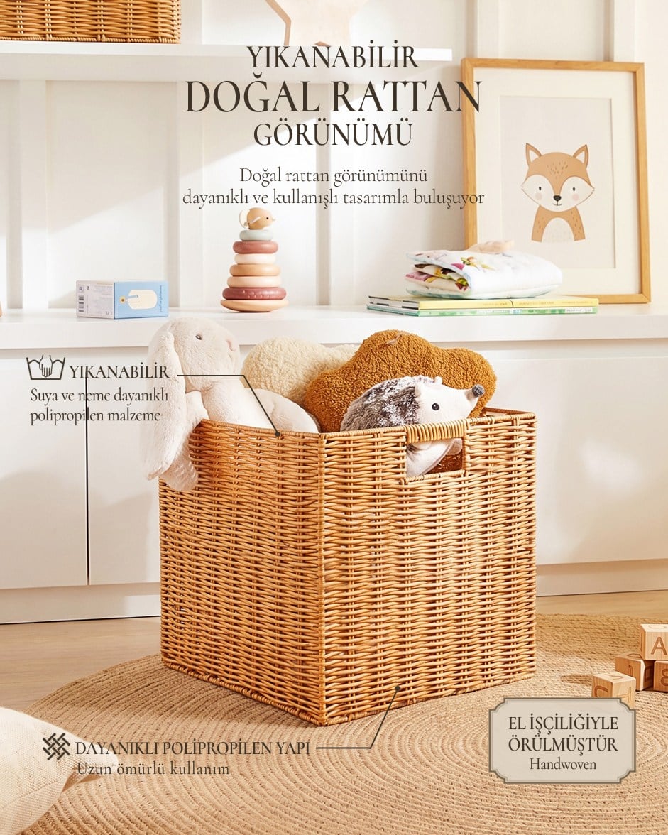 Çocuk Odası Yıkanabilir Bej PP Rattan Sepet 33 x 33 x 33 cm