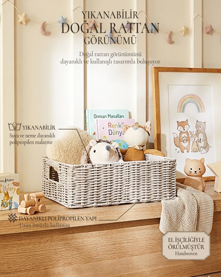 Çocuk Odası Yıkanabilir Gri PP Rattan Sepet 36 x 26 x 12 cm