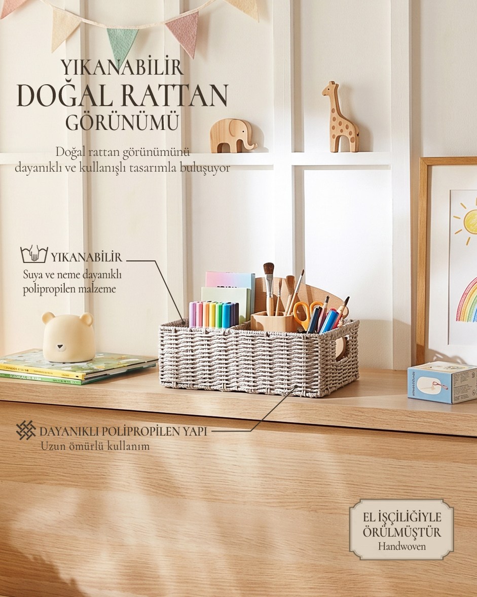 Çocuk Odası Yıkanabilir Gri PP Rattan Sepet 33 x 23 x 11 cm