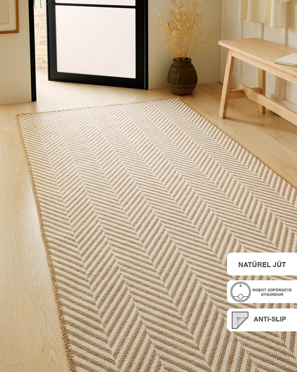 Ekru Renk Balıksırtı Jüt Halı Kilim 100 x 300 cm