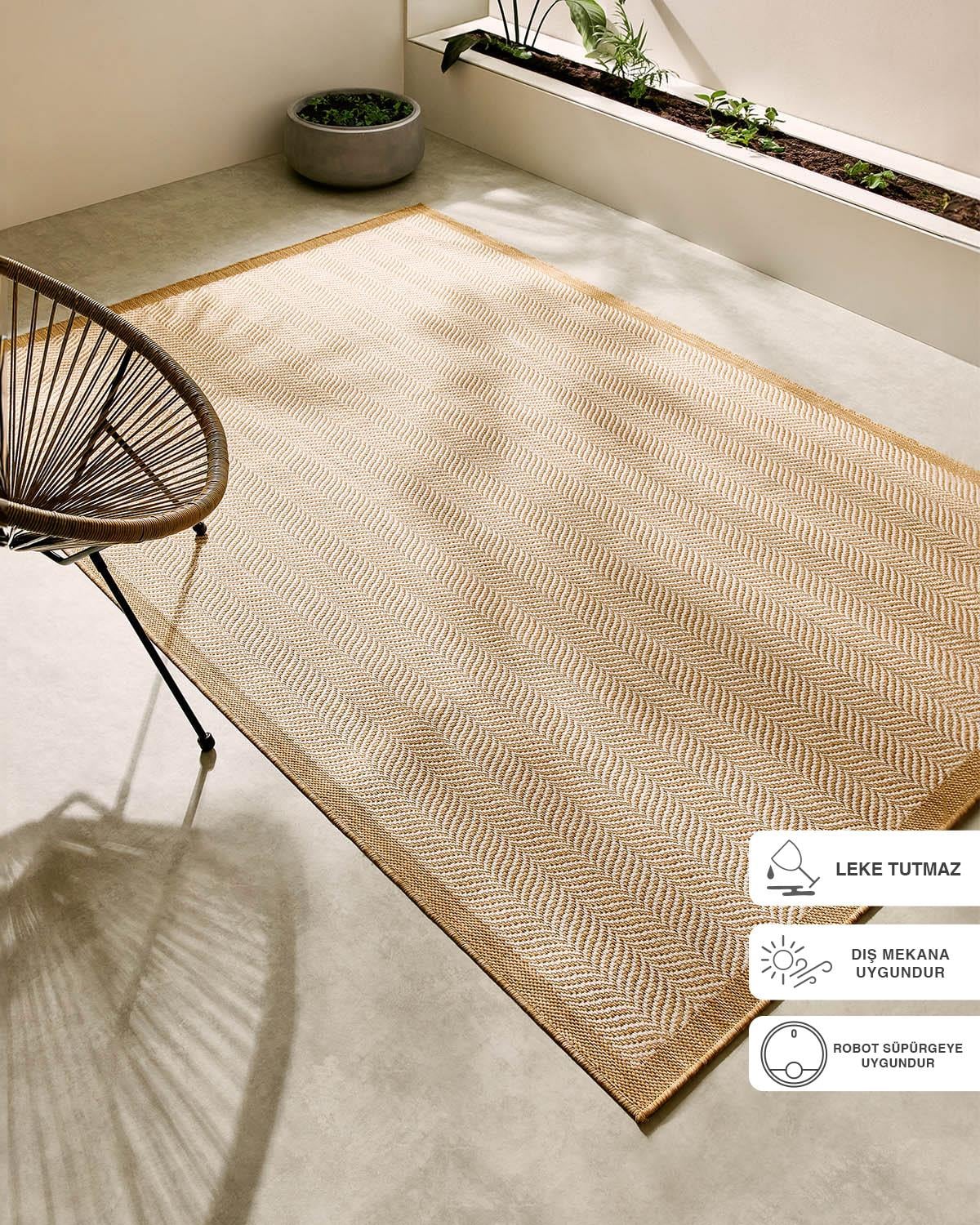 Leke Tutmaz İç Dış Mekan Bej Renk Balıksırtı Halı Kilim 80 x 300 cm